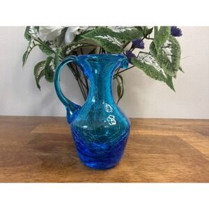 Vintage Crackle Glass Mini Pitcher Aqua Blue Hand Blown Cruet Bud Vase MCM Decor